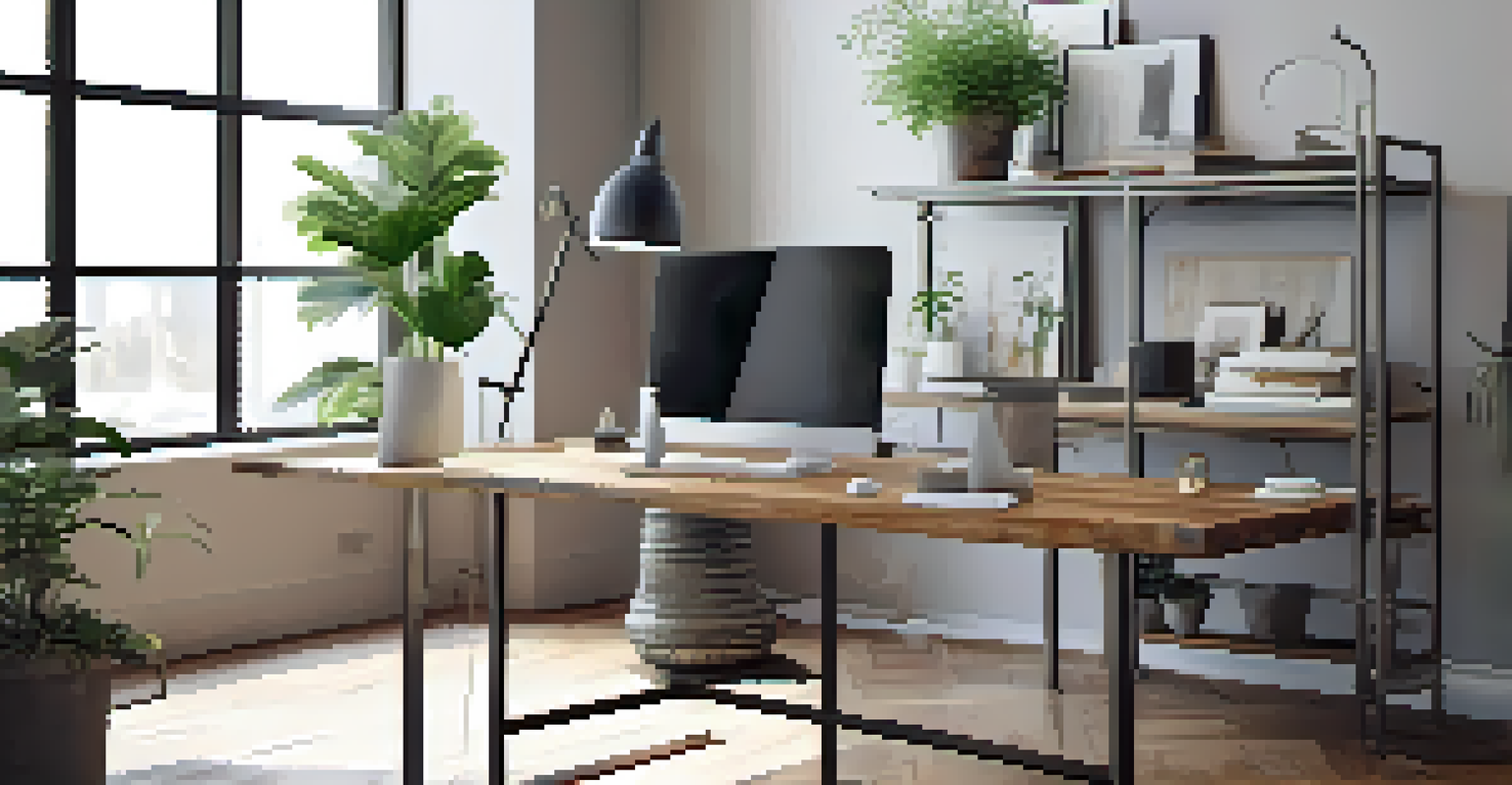 A modern workspace with a sleek metal desk and a reclaimed wooden top, complemented by a wooden chair and a potted plant.