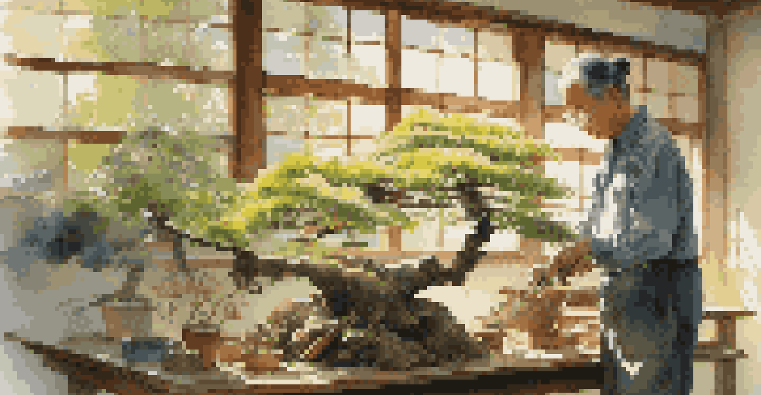 A bonsai artist carefully pruning a Japanese Maple tree in a bright workshop filled with tools and plants.