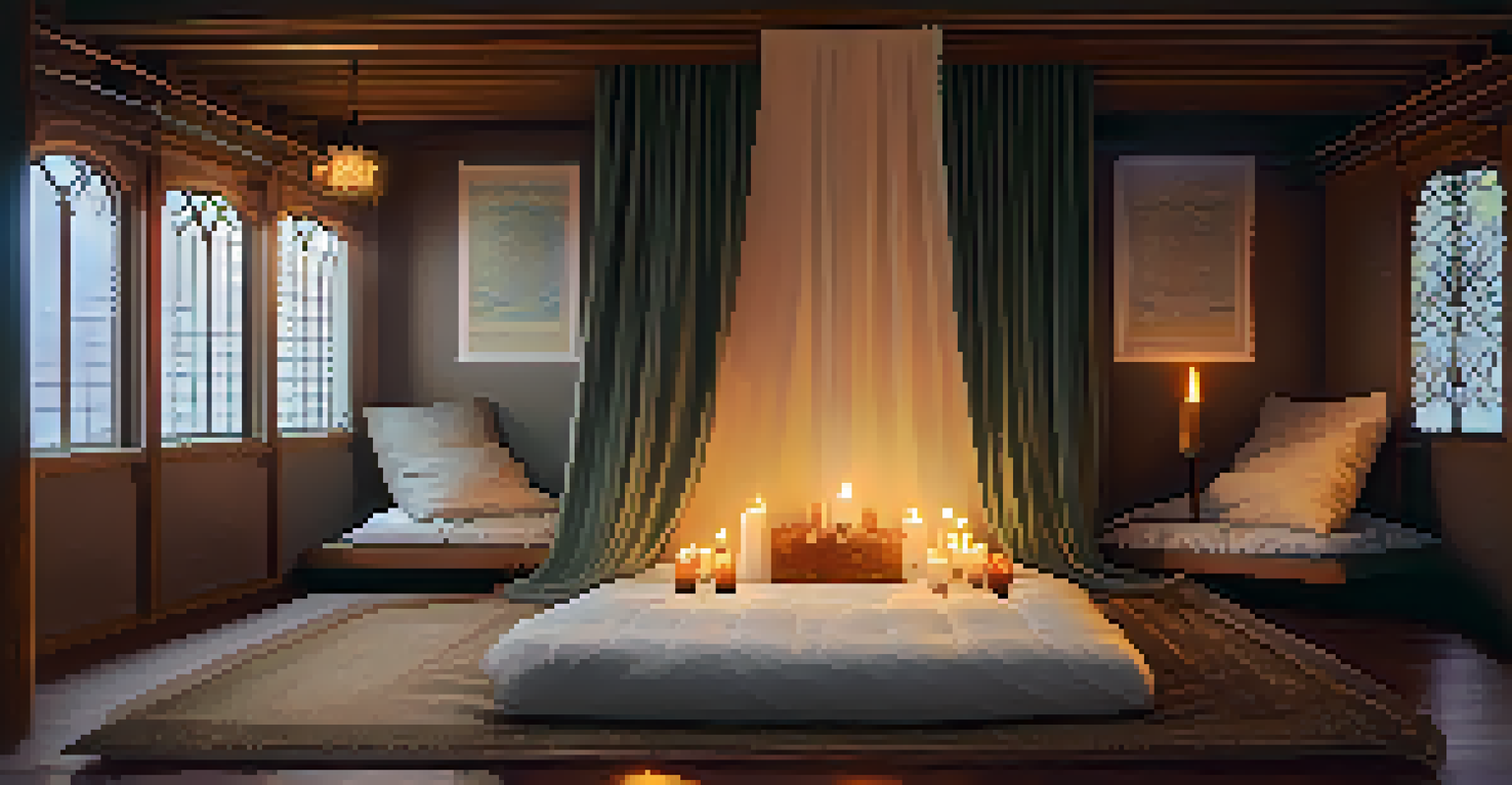 A cozy meditation space with pillows, candles, and crystals, designed to create a peaceful atmosphere for astral projection.
