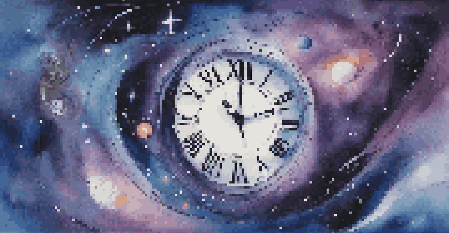 A cosmic scene with galaxies and a warped clock, representing the concept of time in the universe.