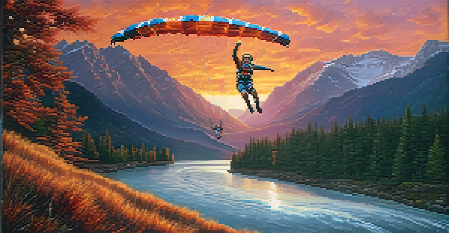 A bungee jumper freefalling in mid-air with mountains and a river in the background during sunset.