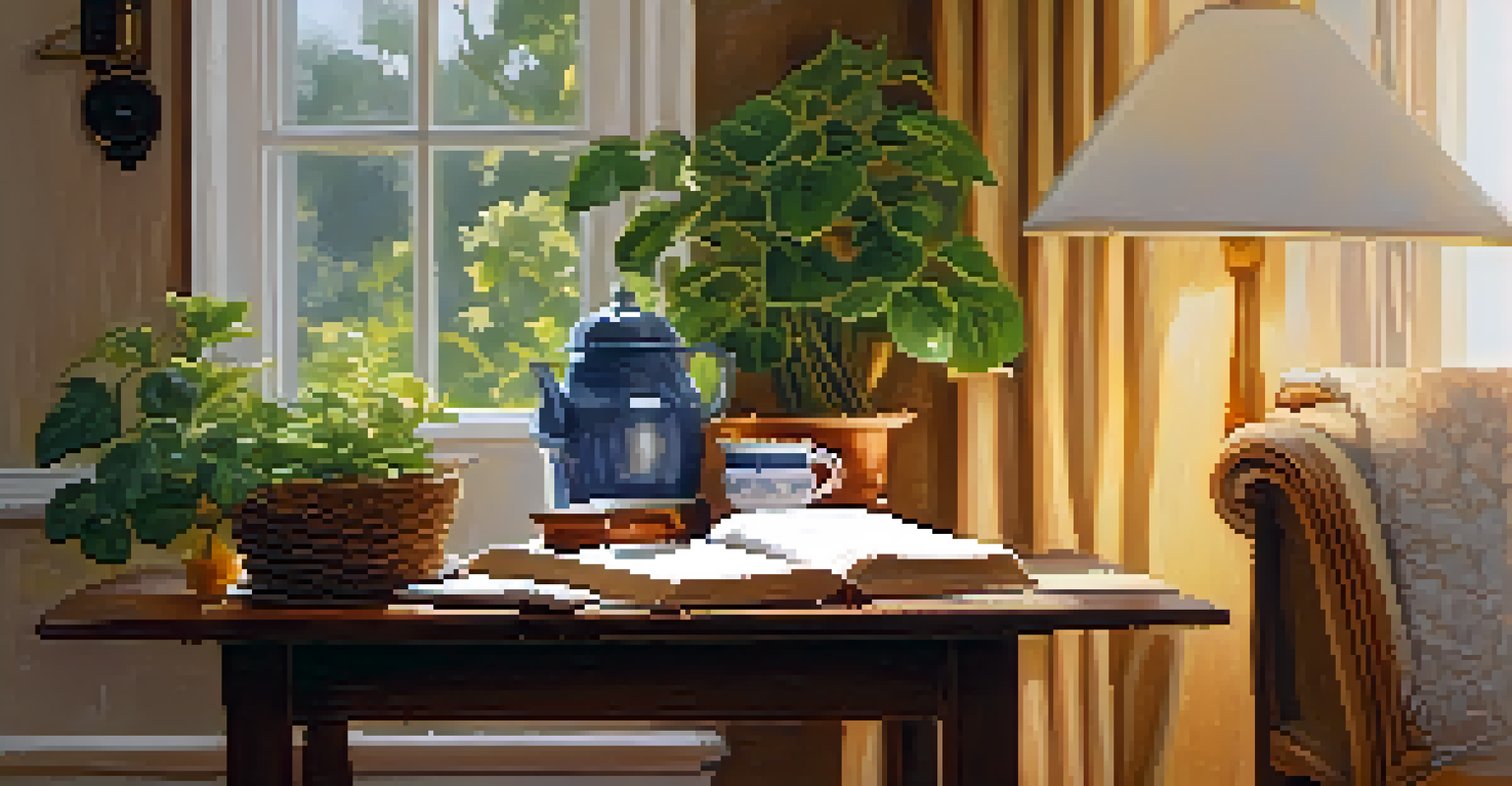 A warm and inviting indoor scene with a lamp on a table, surrounded by soft fabrics and plants.