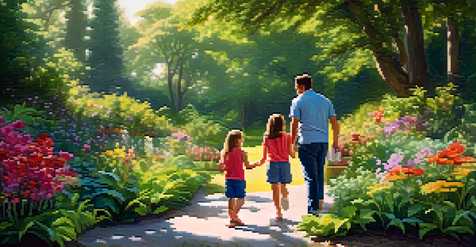 A family enjoying a nature walk, engaging in mindful observation of their surroundings with sunlight filtering through the trees.