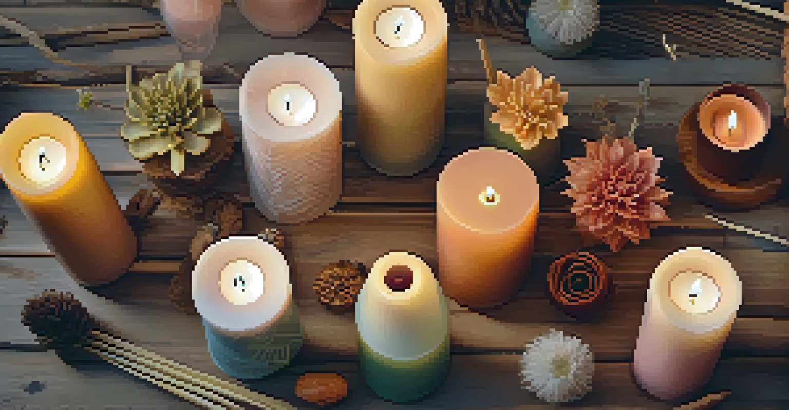An assortment of uniquely shaped candles in various colors and textures on a wooden table.