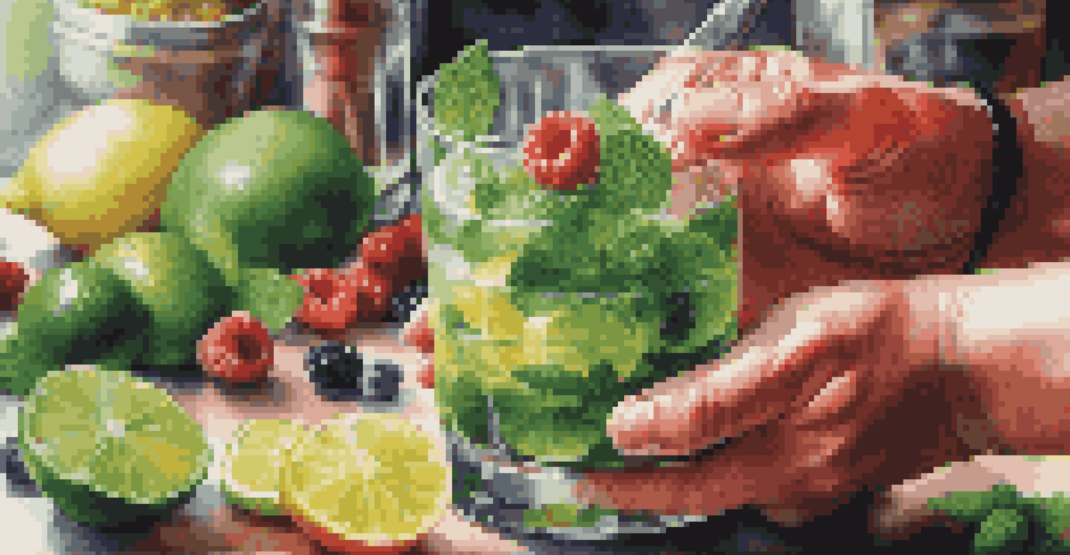 A mixologist's hands muddling mint and lime, surrounded by colorful ingredients, with natural light emphasizing freshness.