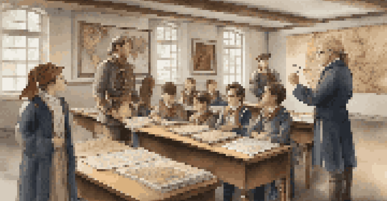 A teacher and students participating in a historical reenactment in a classroom.
