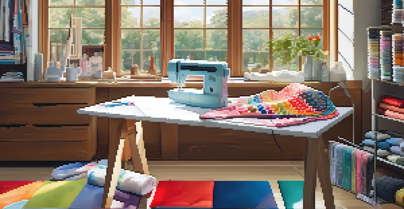 A cozy sewing corner featuring a modern sewing machine and colorful storage bins filled with notions, illuminated by sunlight.