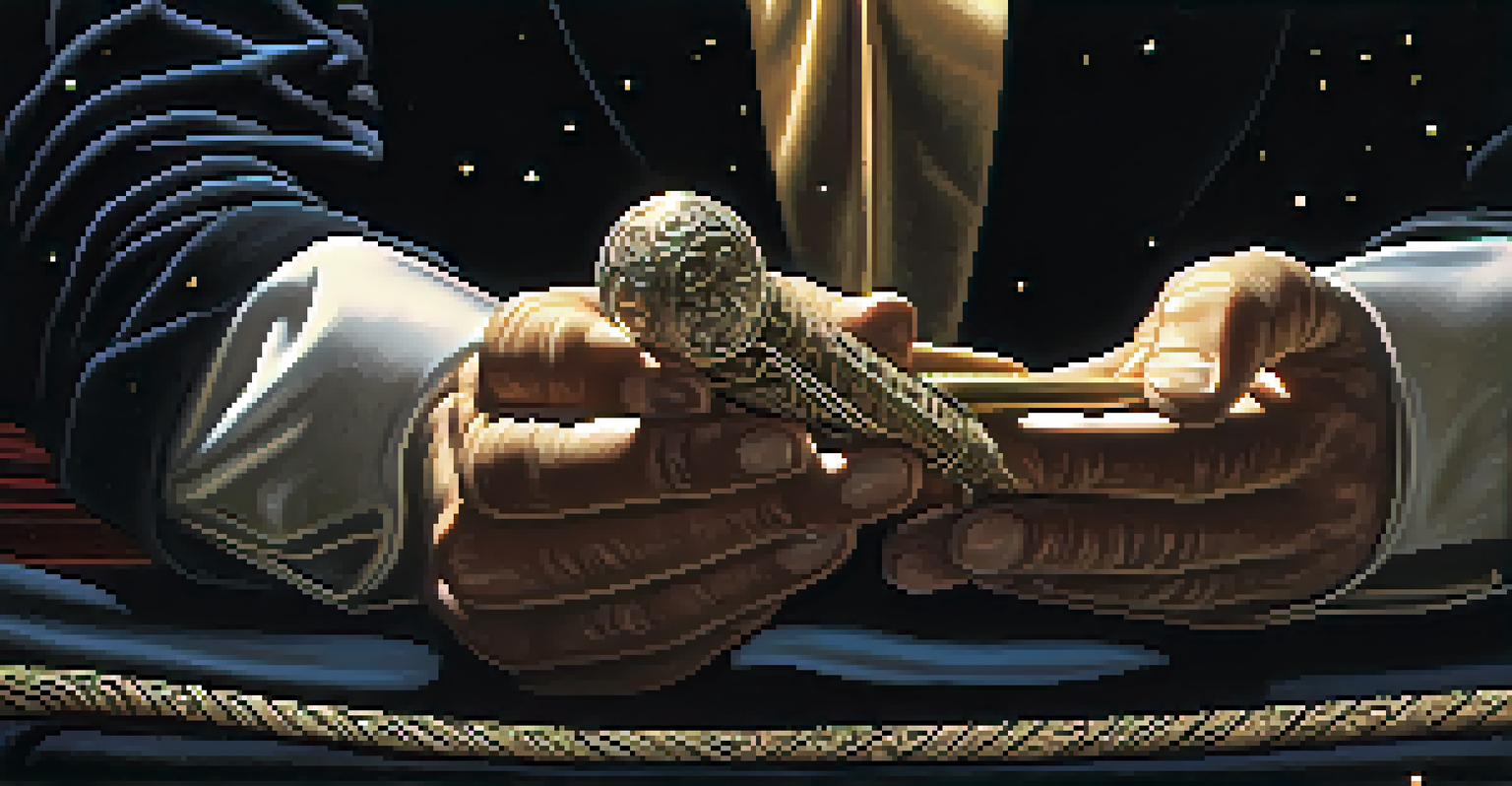 Close-up of a magician's hands holding a carved wand against a dark velvet backdrop, with a glowing orb at the tip.