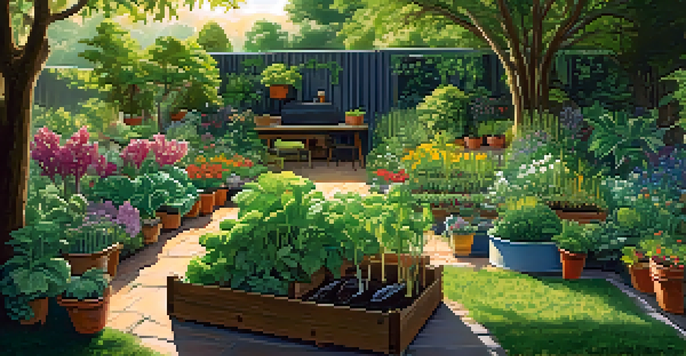 A diverse permaculture garden filled with vegetables, fruit trees, and flowers, illuminated by sunlight with a rain barrel in the background.