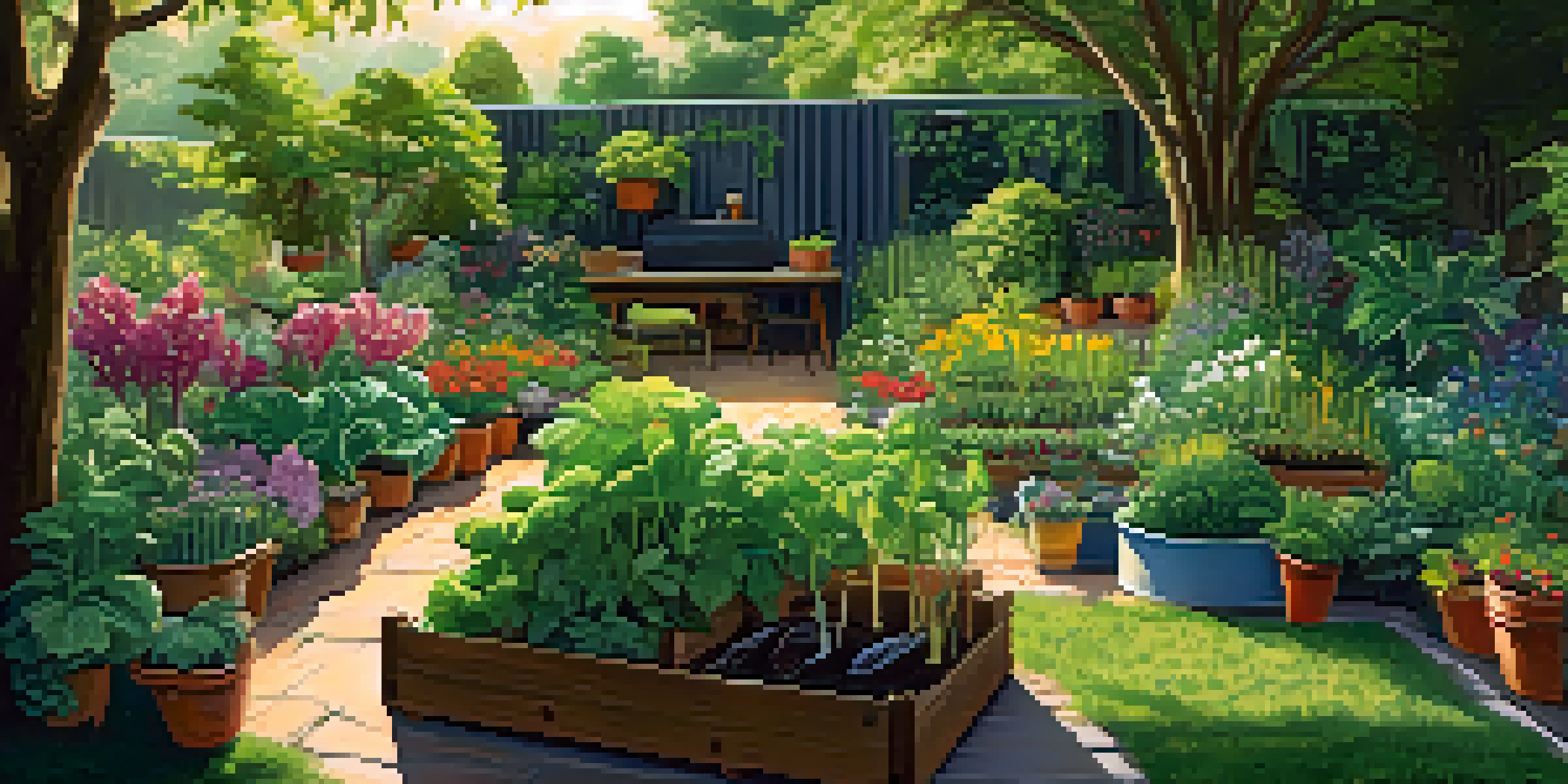 A diverse permaculture garden filled with vegetables, fruit trees, and flowers, illuminated by sunlight with a rain barrel in the background.