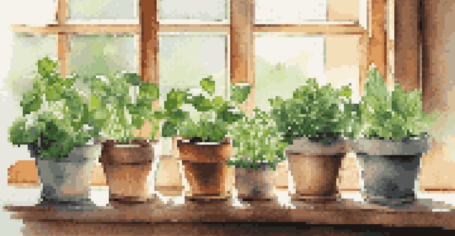 An indoor windowsill filled with small pots of fresh herbs and sunlight streaming through the window.
