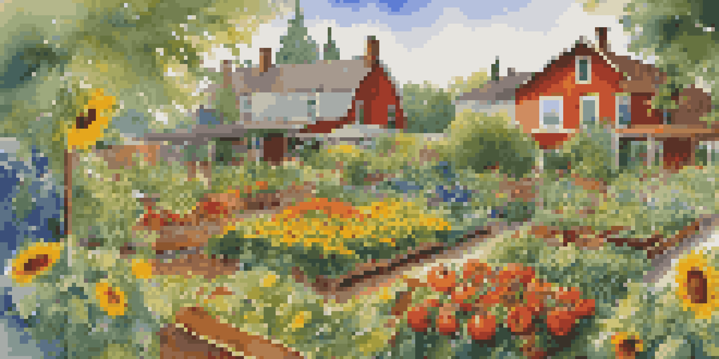 A colorful organic garden with various vegetables and flowers, including sunflowers and tomatoes, under a bright blue sky.