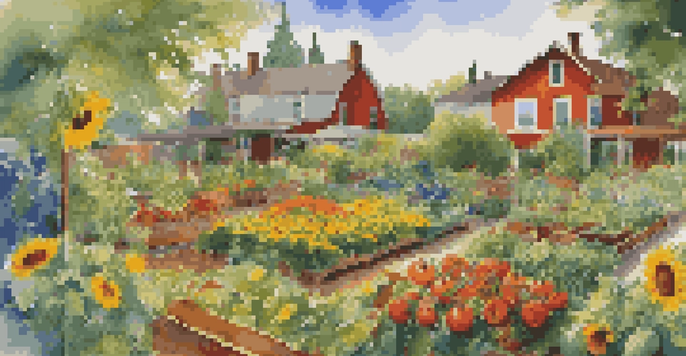 A colorful organic garden with various vegetables and flowers, including sunflowers and tomatoes, under a bright blue sky.