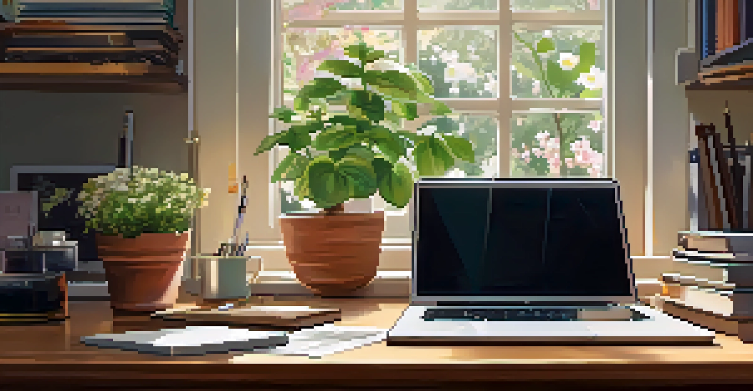An artist's desk with writing materials and a view of a blooming garden outside.