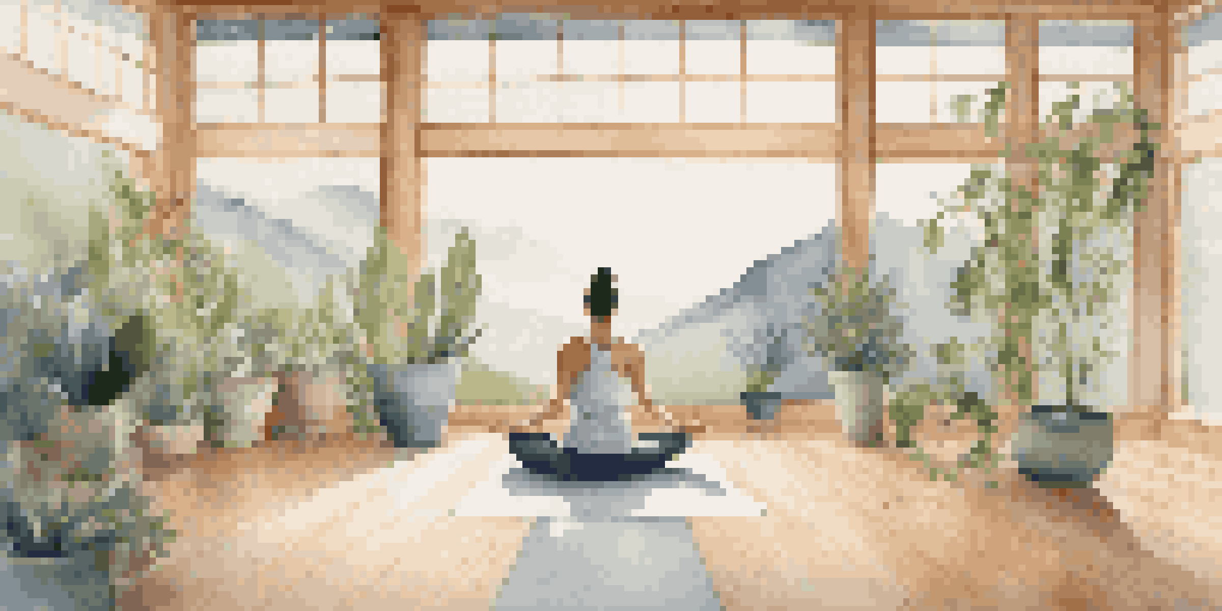 A person practicing Mountain Pose in a peaceful yoga studio with natural light, surrounded by plants.
