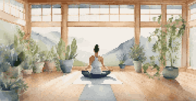 A person practicing Mountain Pose in a peaceful yoga studio with natural light, surrounded by plants.