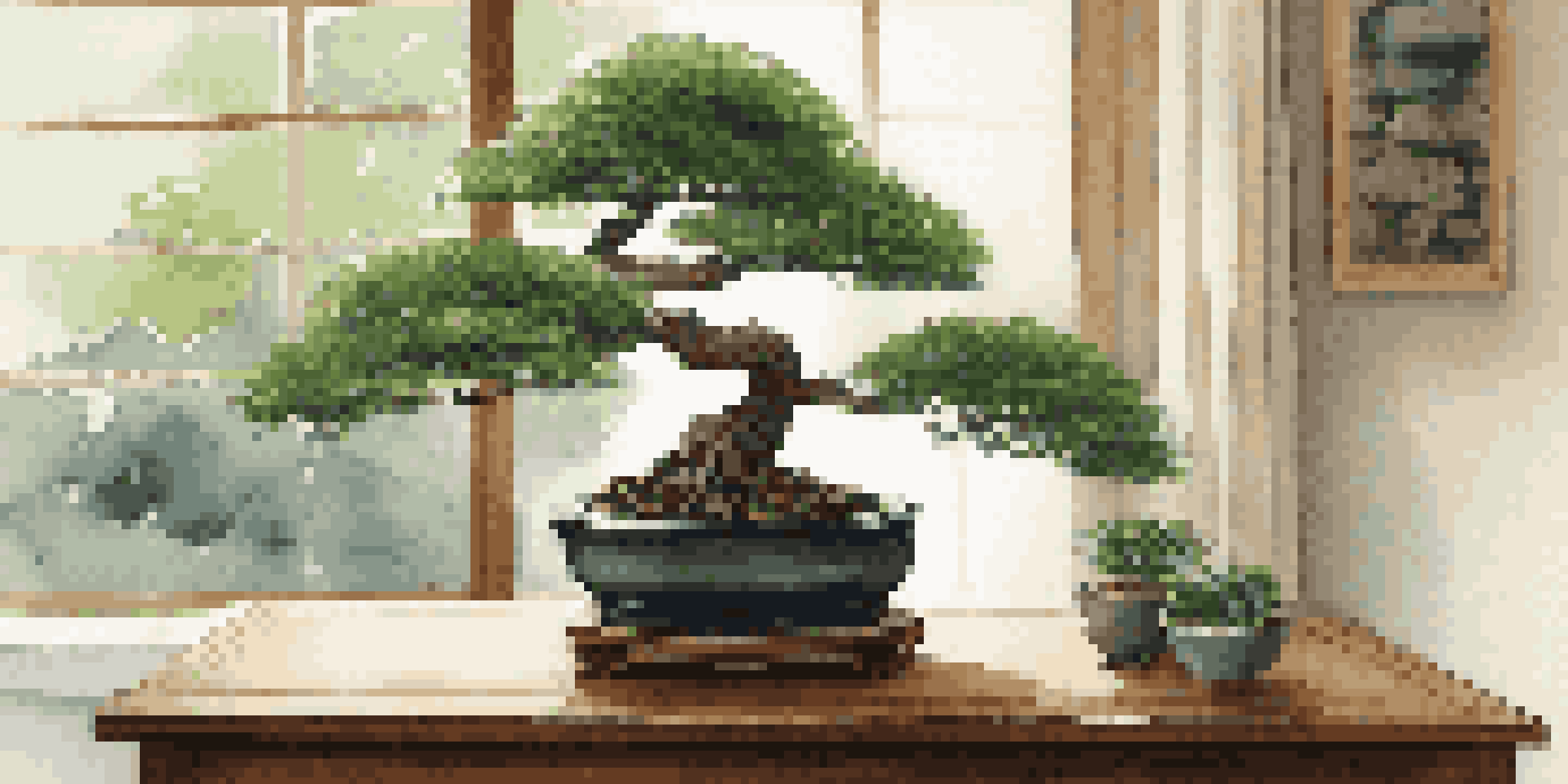 A beautifully styled bonsai tree on a wooden coffee table with natural light highlighting its details, surrounded by Zen elements.