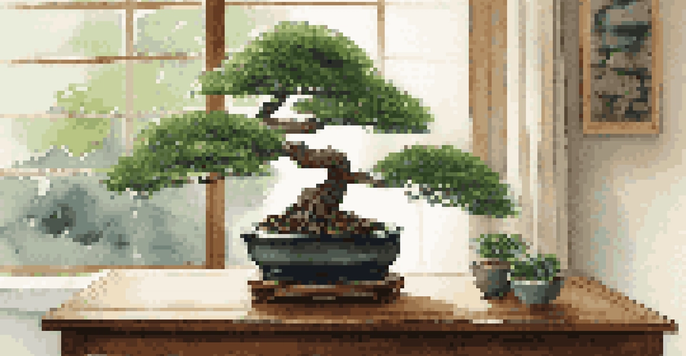 A beautifully styled bonsai tree on a wooden coffee table with natural light highlighting its details, surrounded by Zen elements.