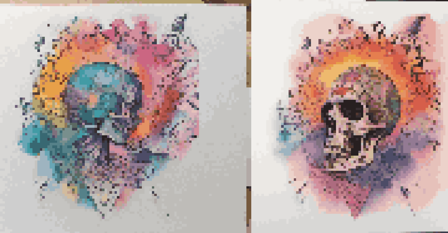 A visual representation of the tattoo stencil creation process, with hand-drawn designs and thermal printing in a colorful background.