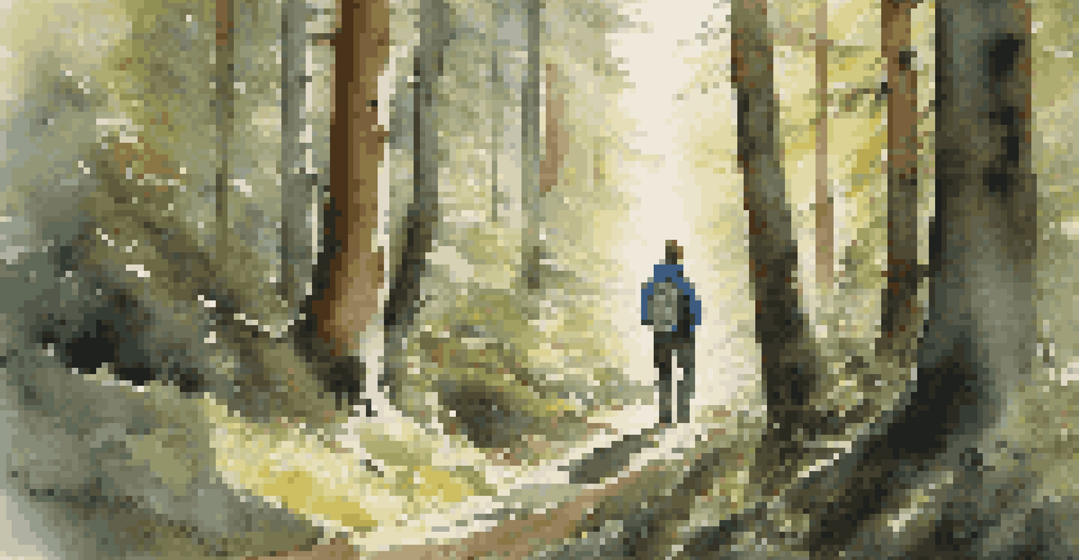 A hiker making noise in a forest, clapping hands and chatting, with sunlight filtering through the trees and bear claw marks on a nearby tree.