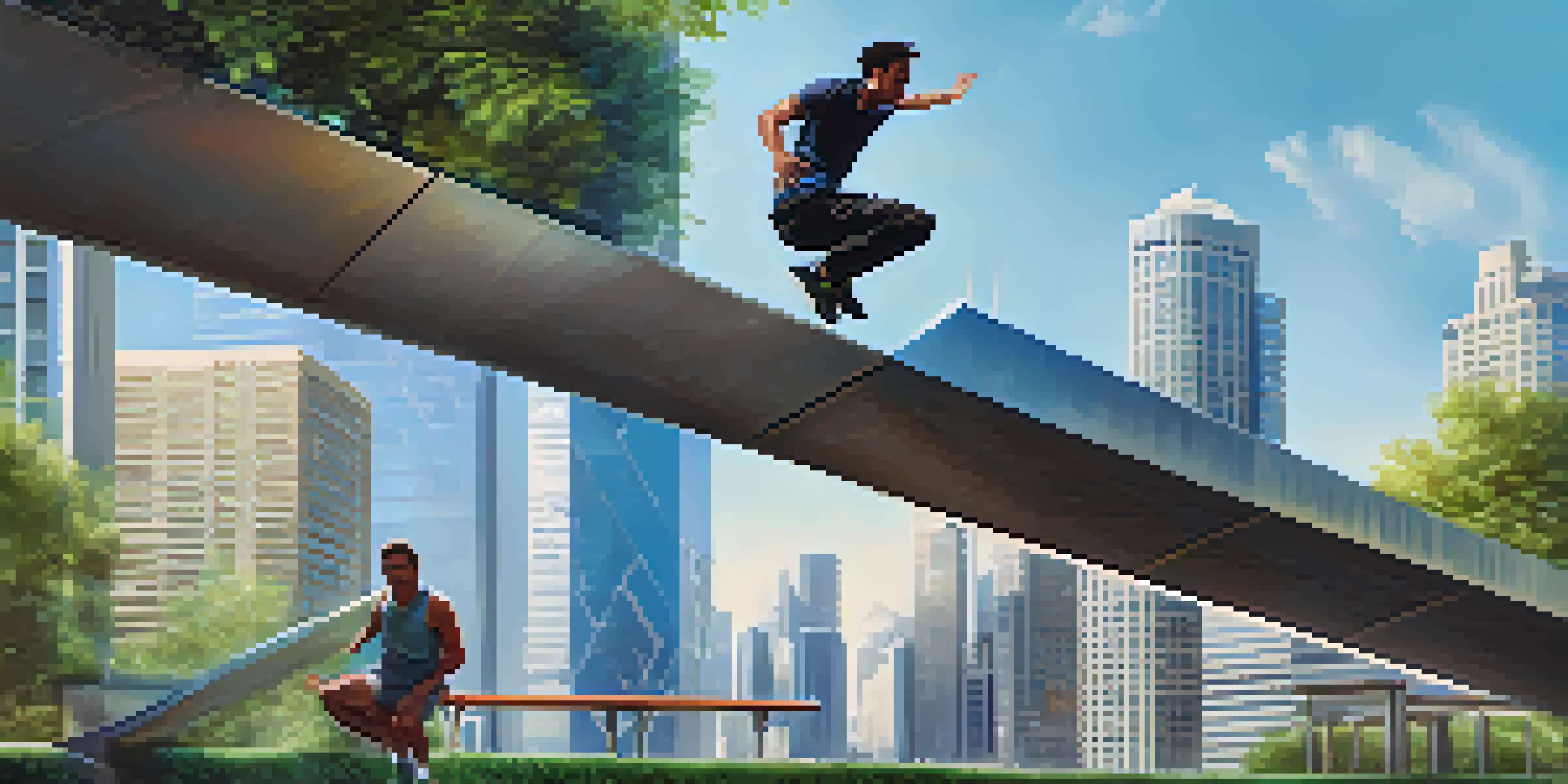 A parkour athlete jumping over a bench in a bright urban plaza with skyscrapers and greenery in the background.