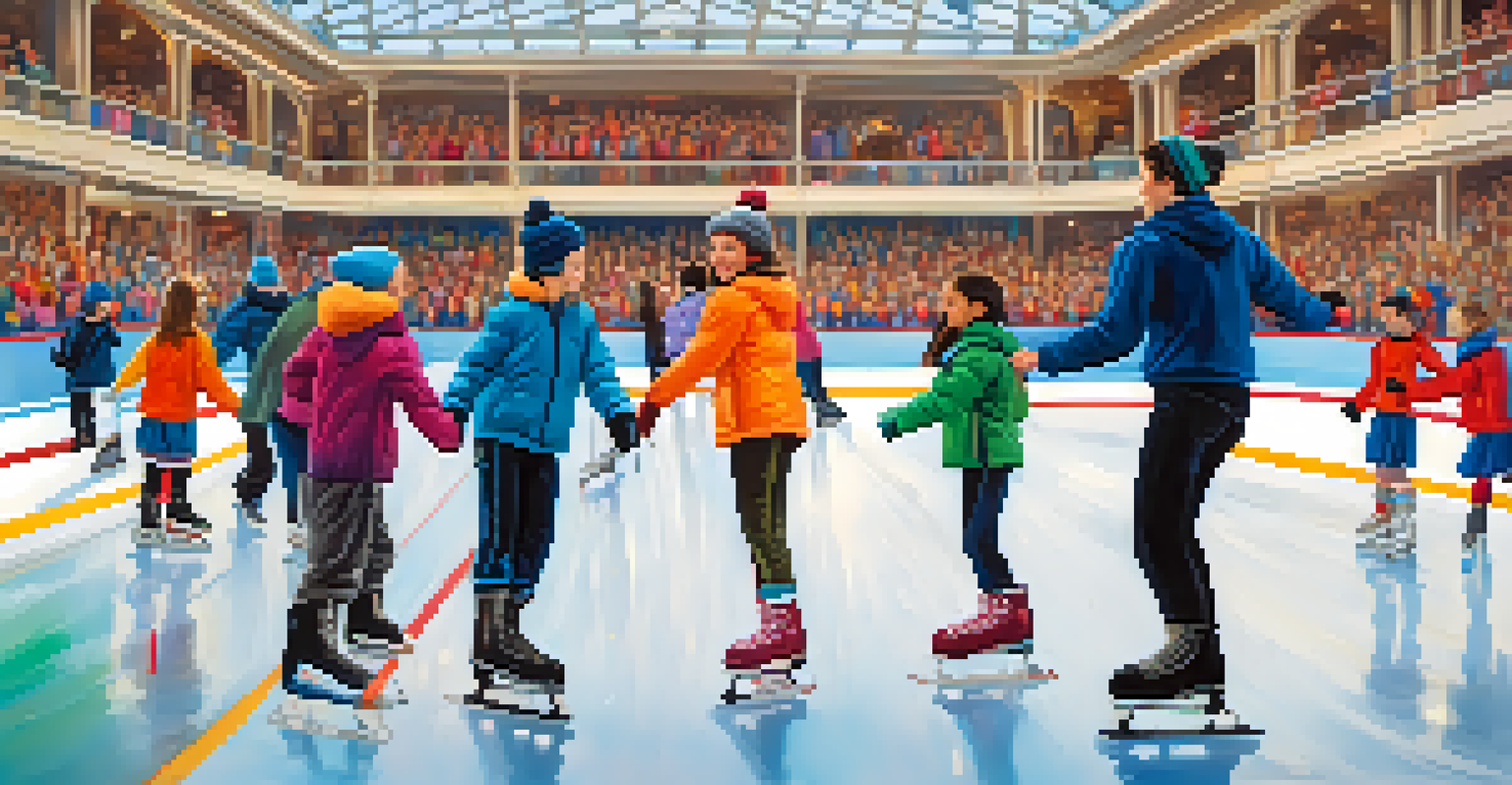 A group of ice skaters practicing jumps and spins on a rink, with coaches observing, creating a lively training atmosphere.