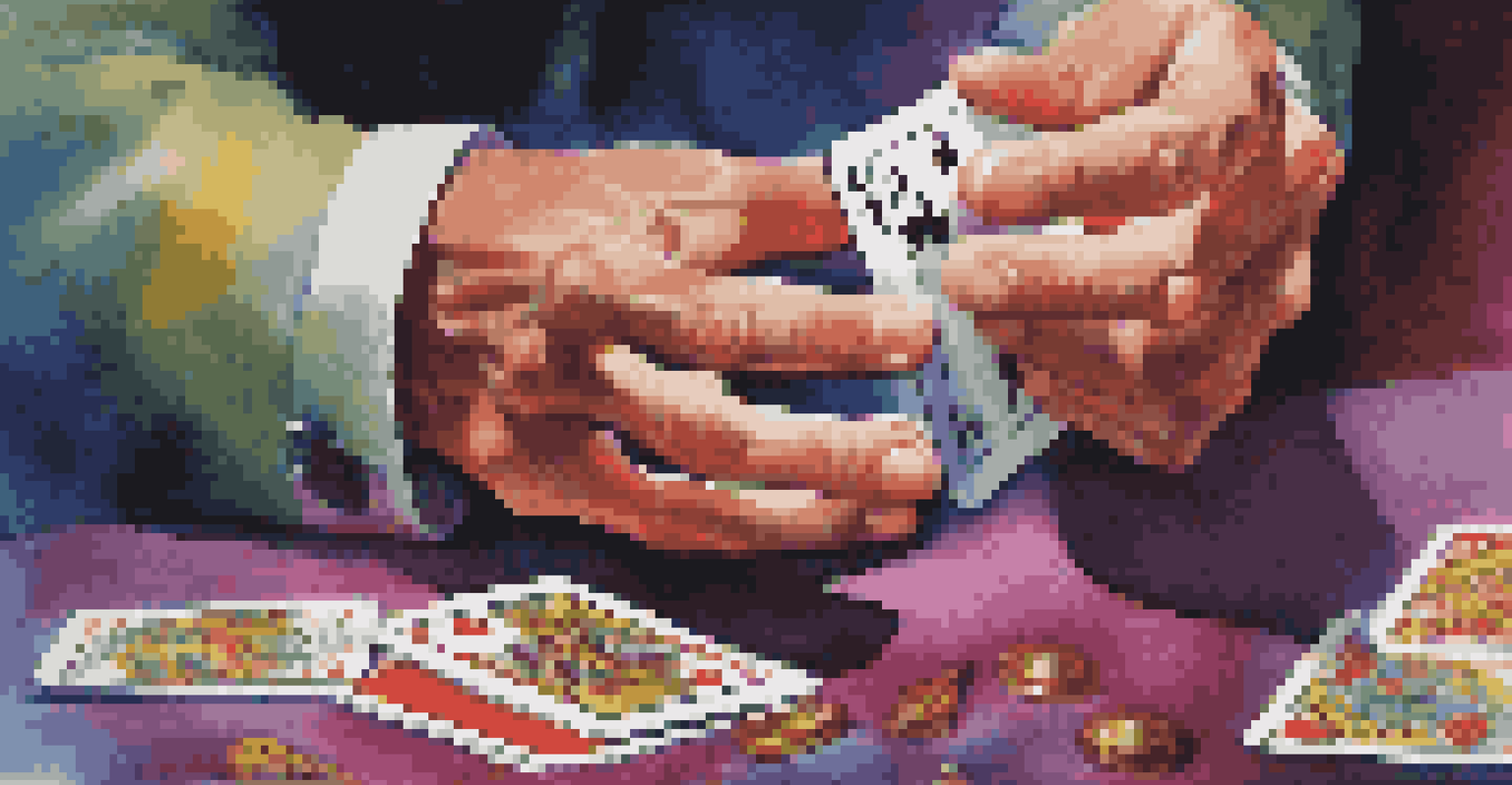 A close-up of a magician's hands performing sleight of hand with a deck of cards, with one card levitating above them.