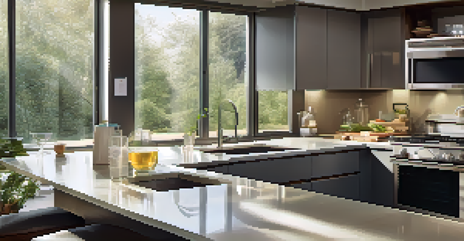 A modern kitchen with a water filtration system and a glass of filtered water.