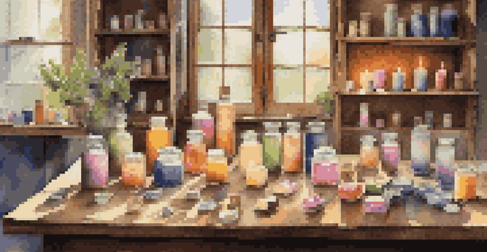 A candle making workshop with colorful wax, fragrance oils, and molds on a wooden table, illuminated by soft natural light.