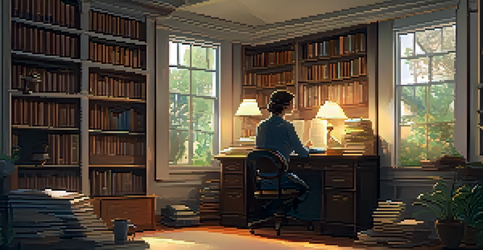 A cozy study room with bookshelves, a writer at a vintage desk with notes and a laptop, warm lighting, and a view of a garden outside.