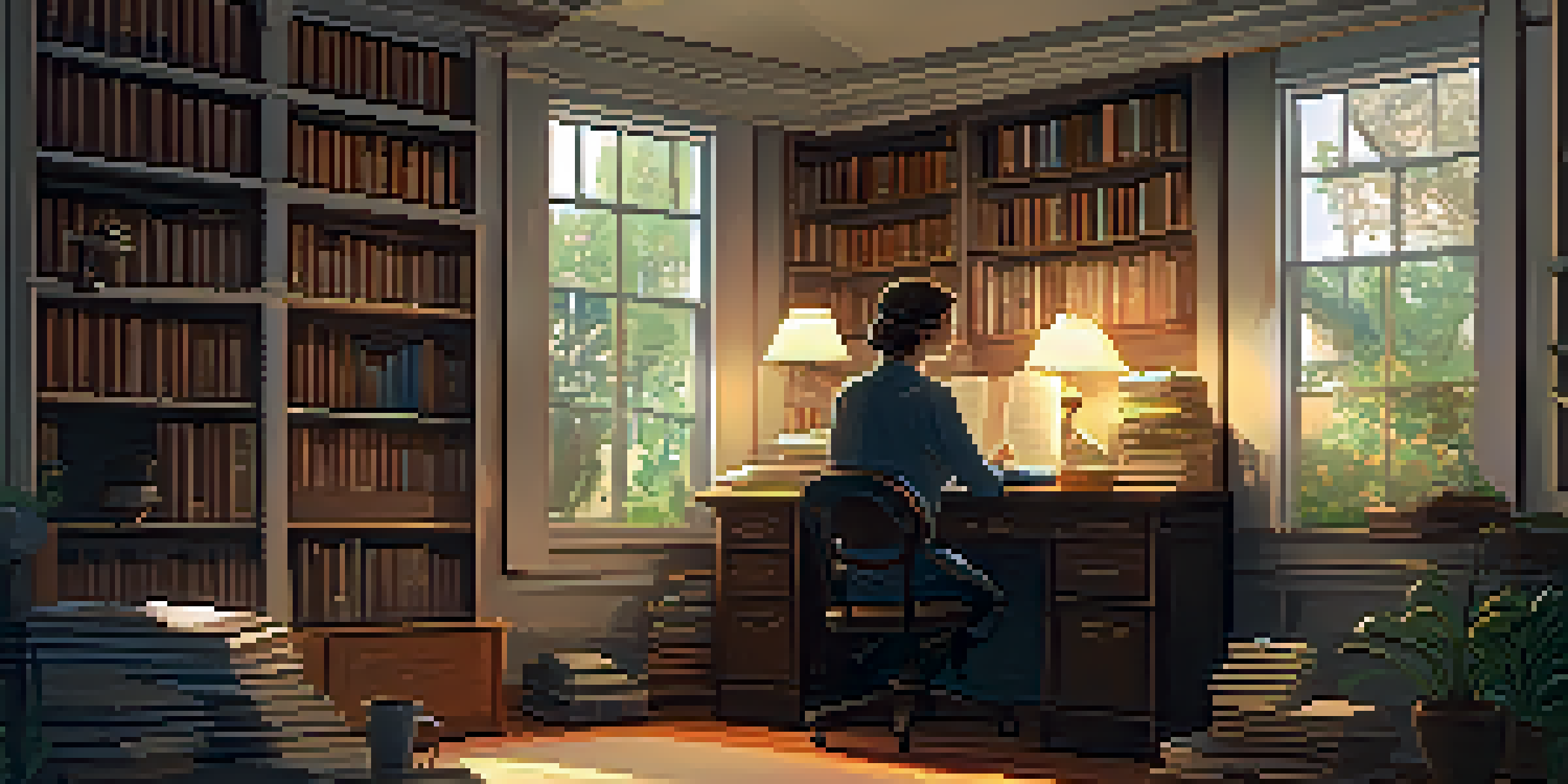 A cozy study room with bookshelves, a writer at a vintage desk with notes and a laptop, warm lighting, and a view of a garden outside.