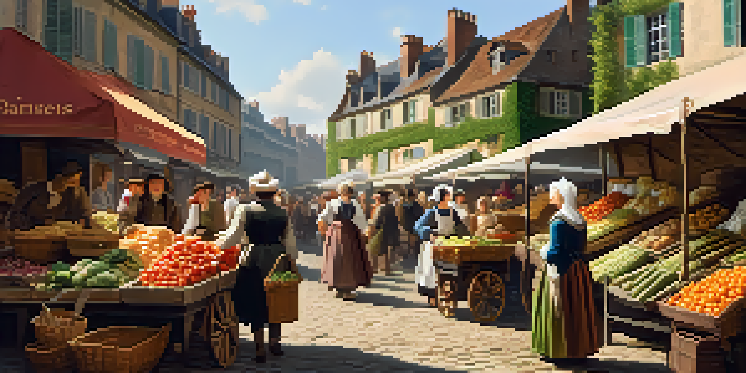 A lively market scene from 18th-century France, with vendors and customers surrounded by fresh produce and bright fruits.