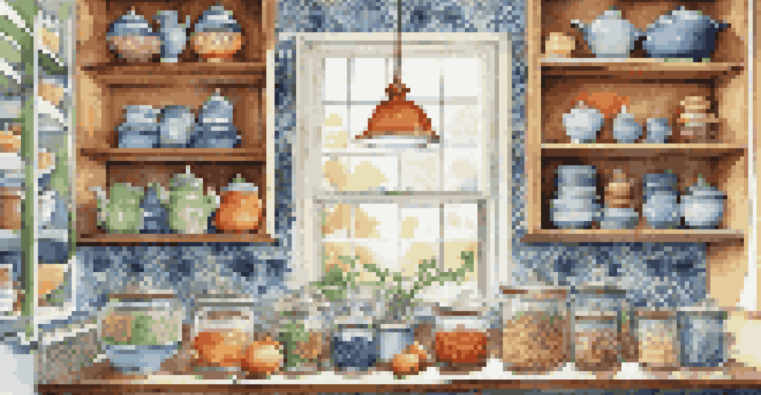 A vibrant kitchen with open shelving displaying colorful dishes and decorative jars, enhanced by patterned wallpaper.
