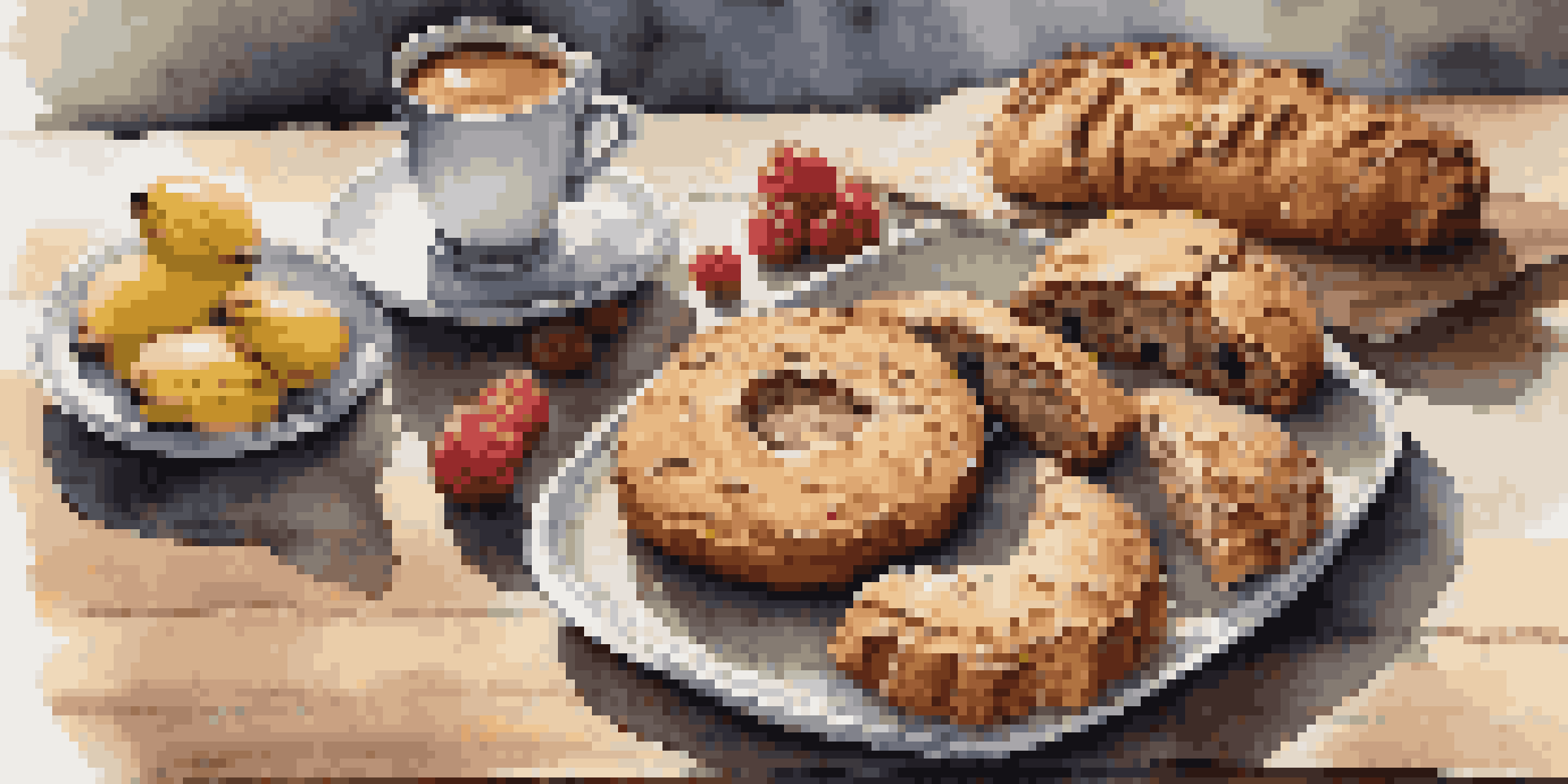 A platter filled with various whole grain pastries, including banana bread and oatmeal cookies, surrounded by fresh fruits on a wooden table.