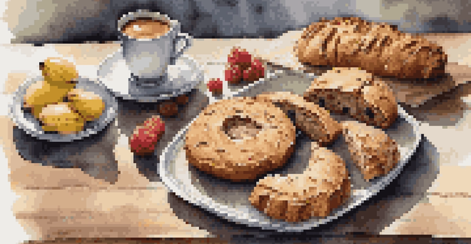 A platter filled with various whole grain pastries, including banana bread and oatmeal cookies, surrounded by fresh fruits on a wooden table.