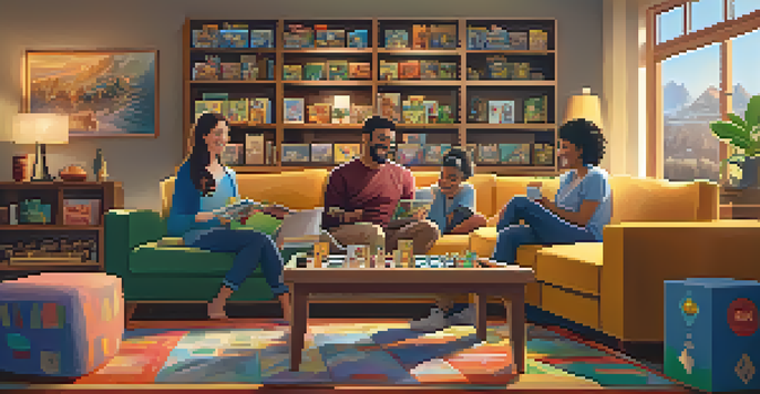 A cozy living room with a wooden shelf displaying various board games, and friends enjoying a game night around a coffee table.