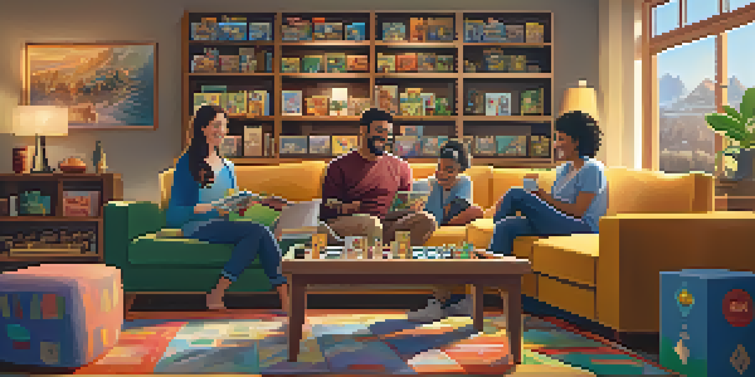 A cozy living room with a wooden shelf displaying various board games, and friends enjoying a game night around a coffee table.