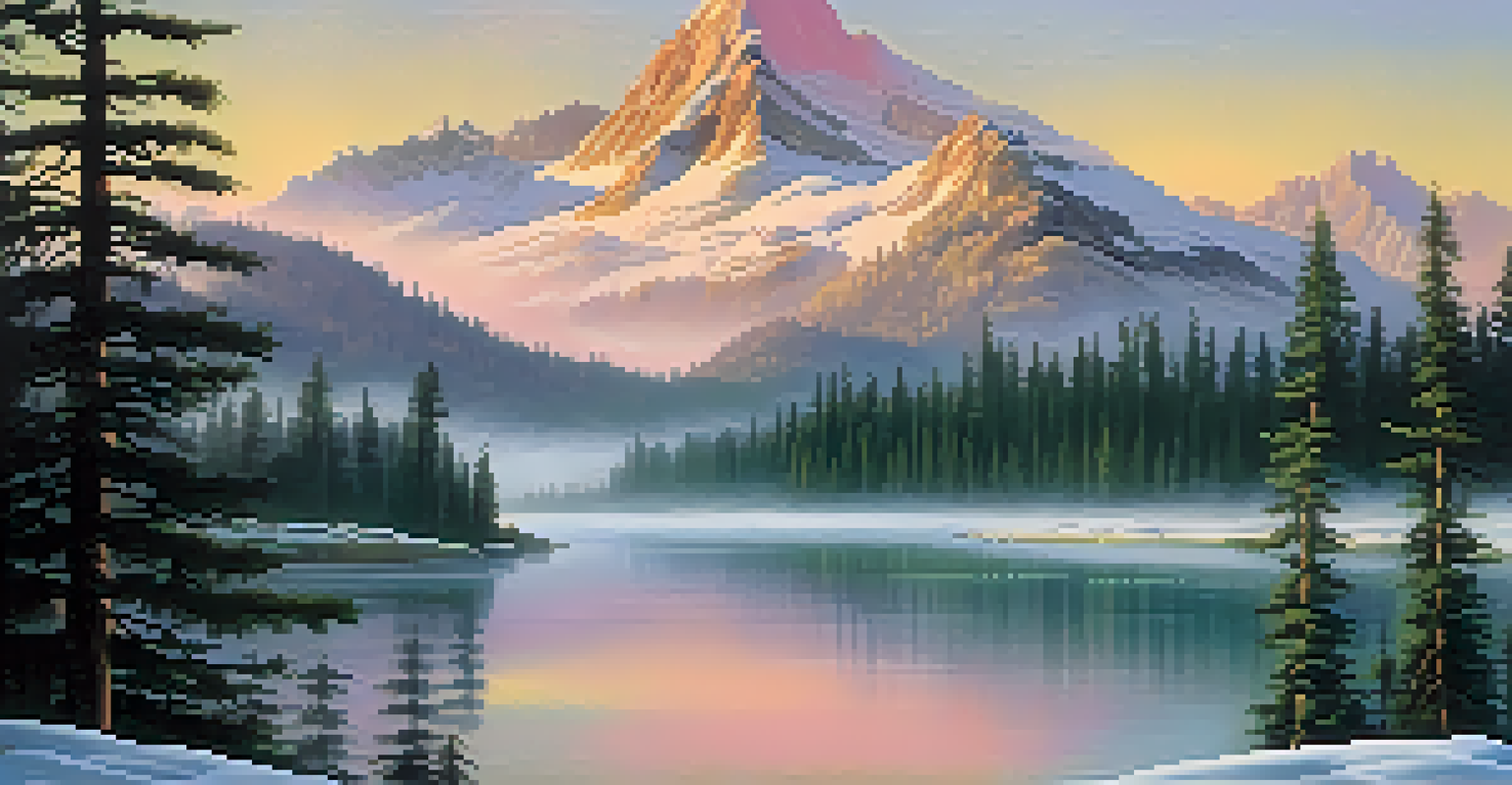 A peaceful mountain landscape at dawn with mist, snow-capped peaks, and a reflecting lake.