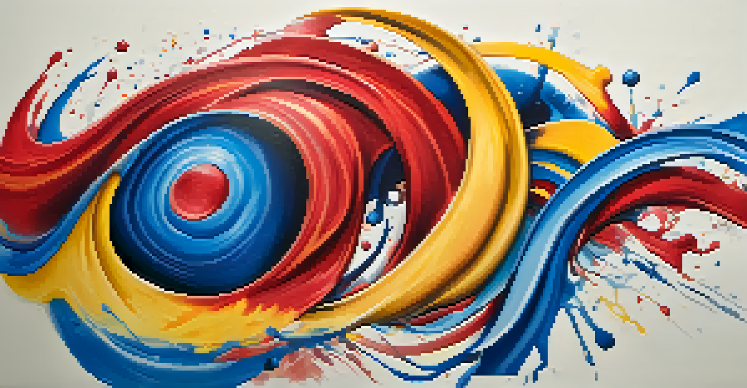 An abstract tattoo on an upper arm, featuring swirling shapes and vibrant colors, resembling a piece of modern art.