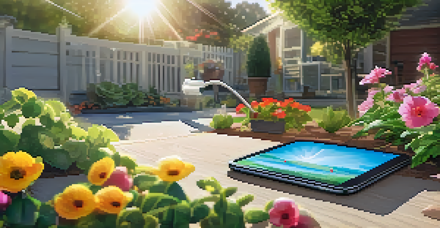 A garden with vibrant flowers being watered by a smart irrigation system, alongside a smartphone displaying the irrigation app.