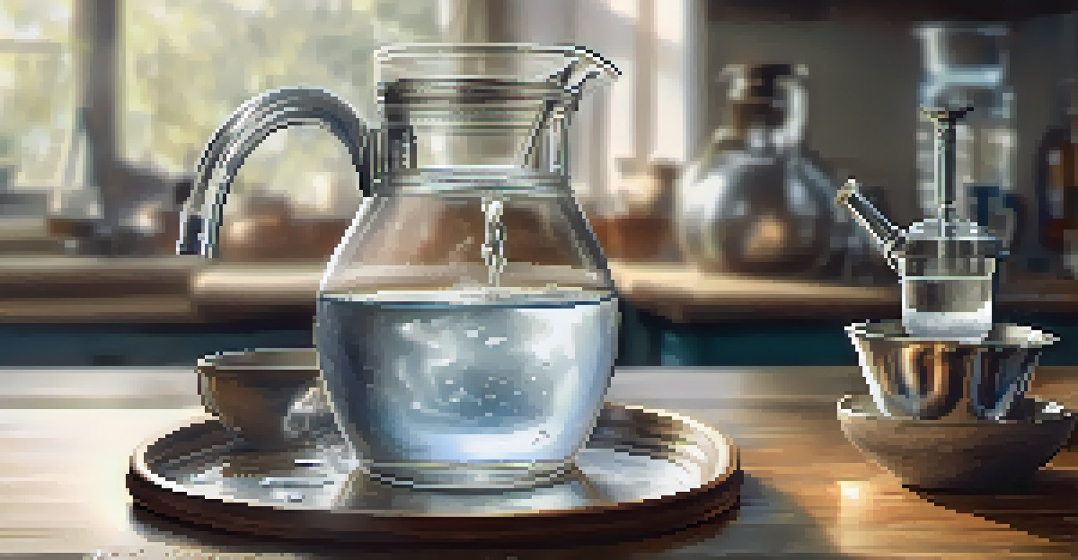 Close-up of clear water flowing into a glass jug, with mineral salts nearby, against a blurred distillation setup.