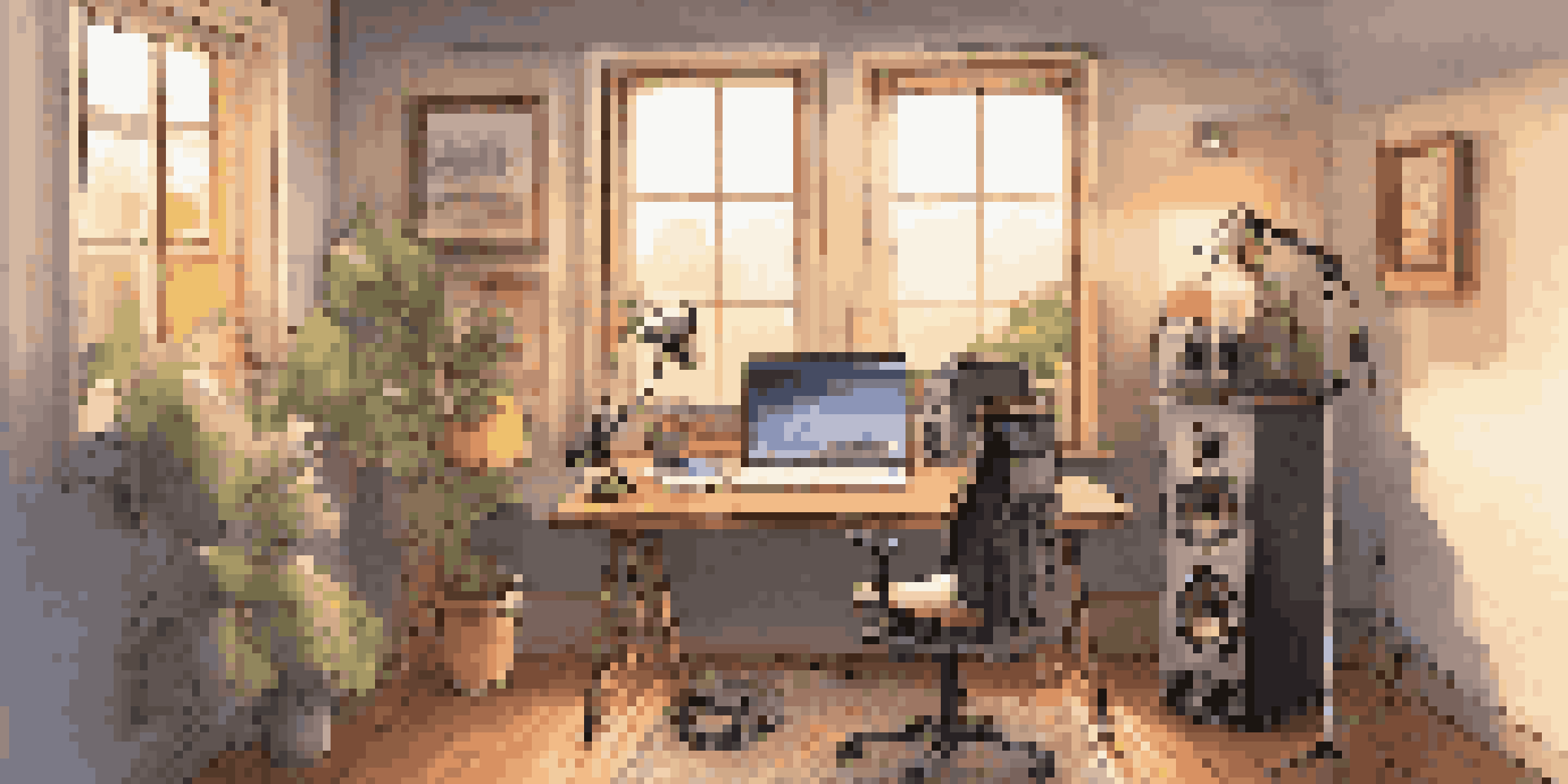 A cozy home studio for voice acting with a microphone, laptop, and warm lighting.
