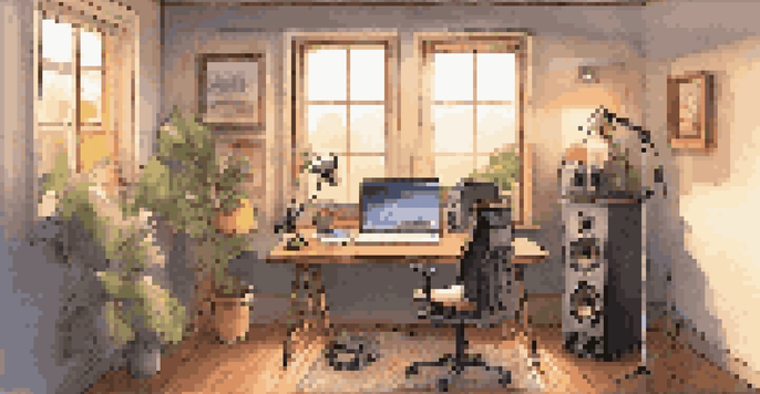 A cozy home studio for voice acting with a microphone, laptop, and warm lighting.