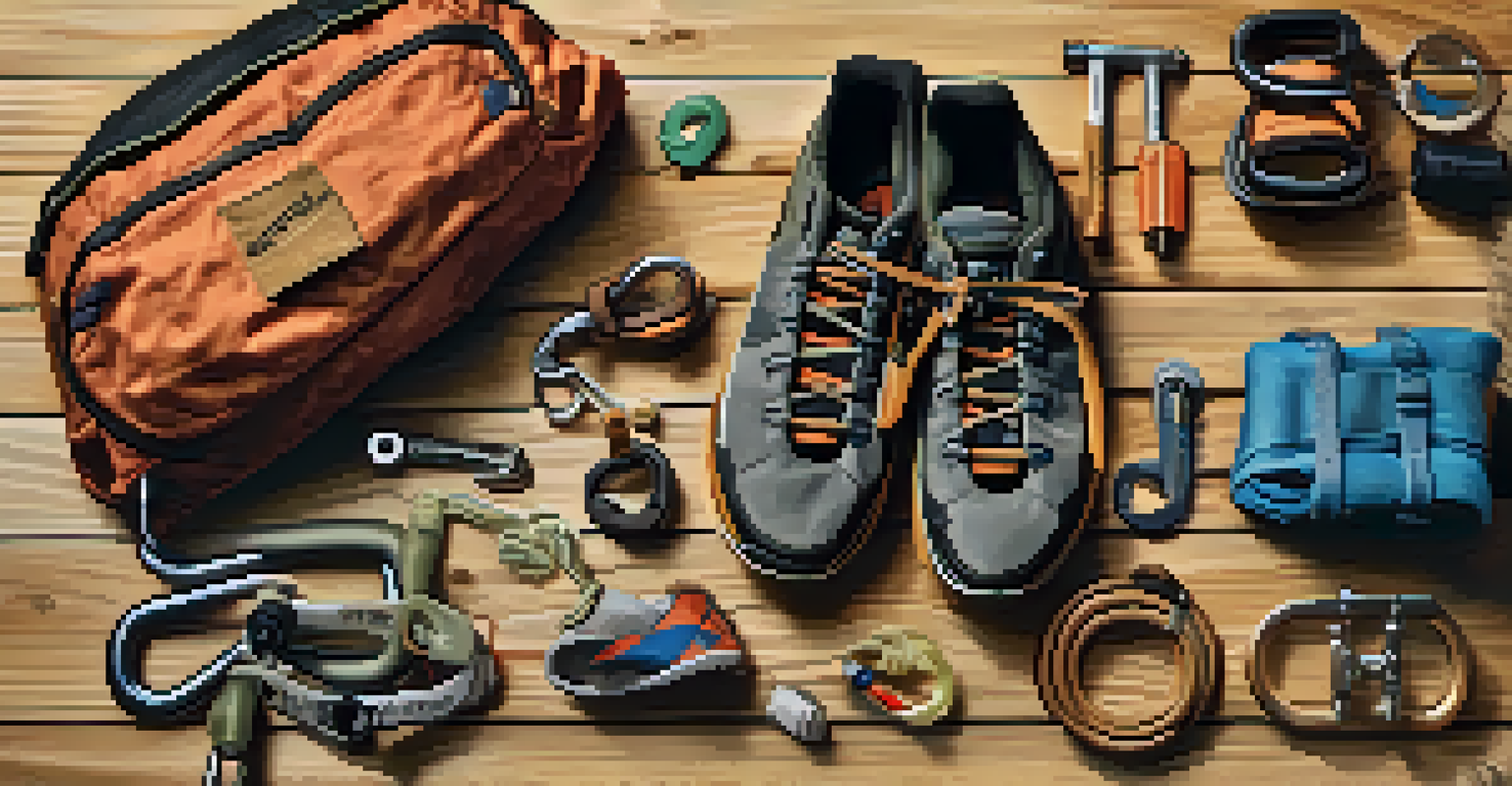 An arrangement of climbing gear including shoes, chalk, and a harness on a wooden surface, illuminated by natural light.