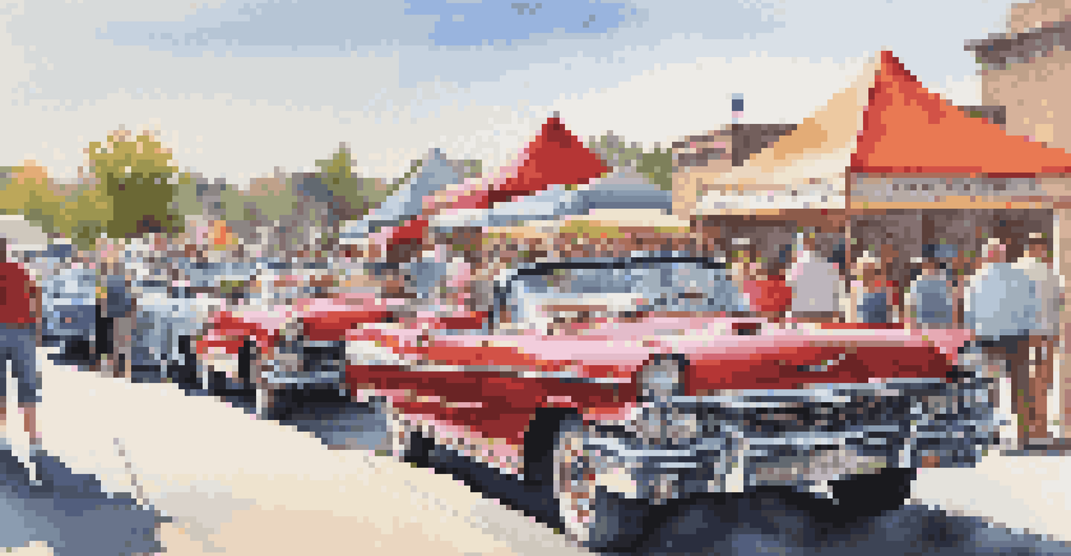 A vibrant vintage car show featuring classic cars and enthusiasts enjoying the event under bright sunny skies.