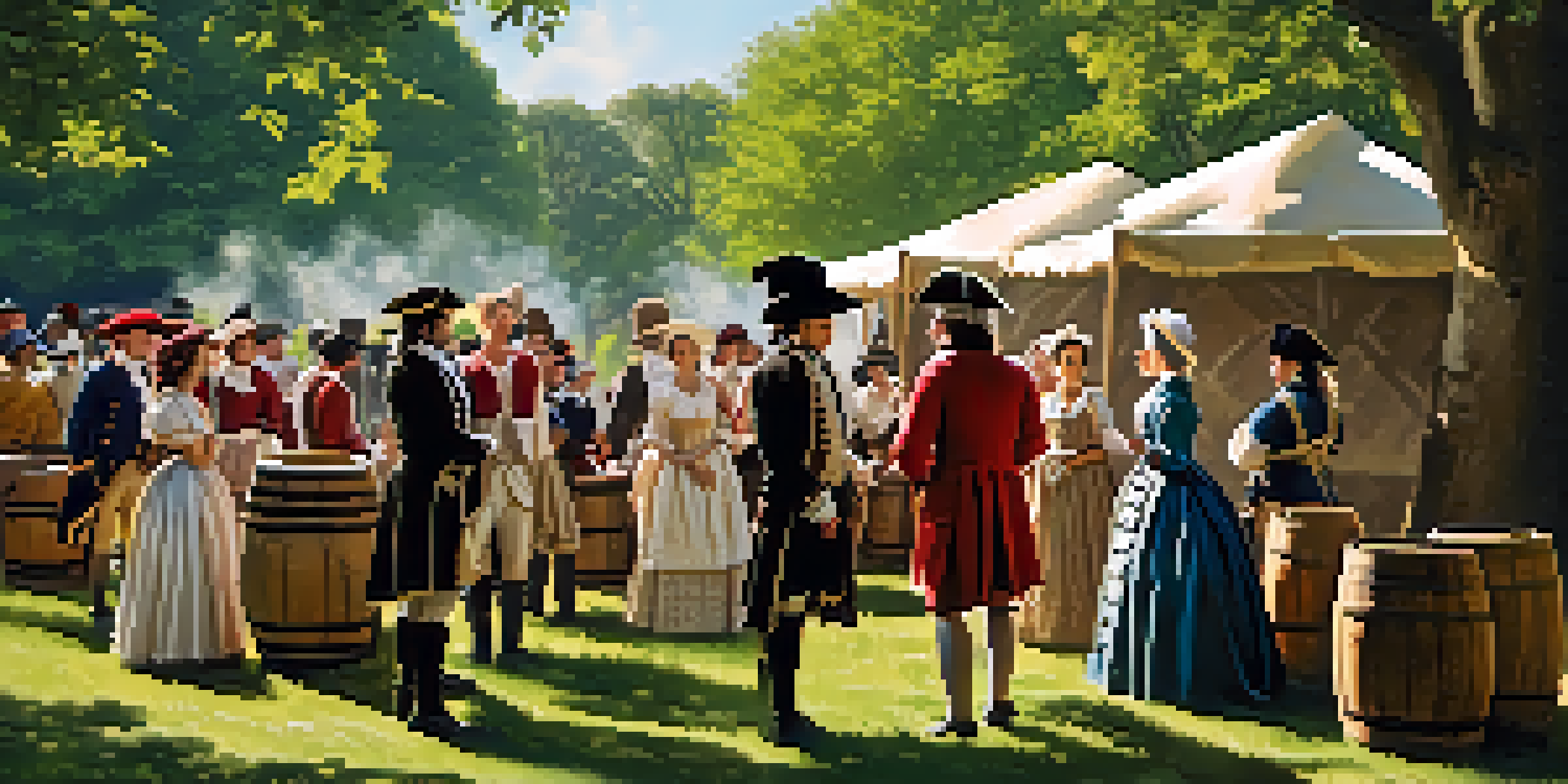 A group of diverse individuals in 18th-century clothing engage in conversation in a park, with sunlight filtering through trees.