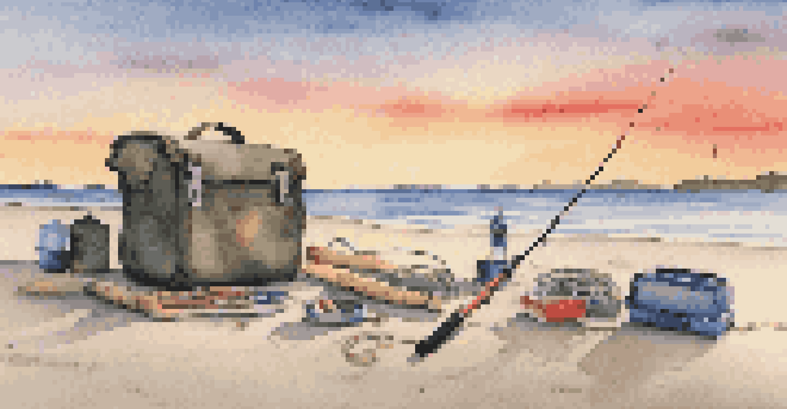 A minimalist fishing setup on a sandy beach at sunset, featuring a fishing rod and tackle box arranged on a towel.