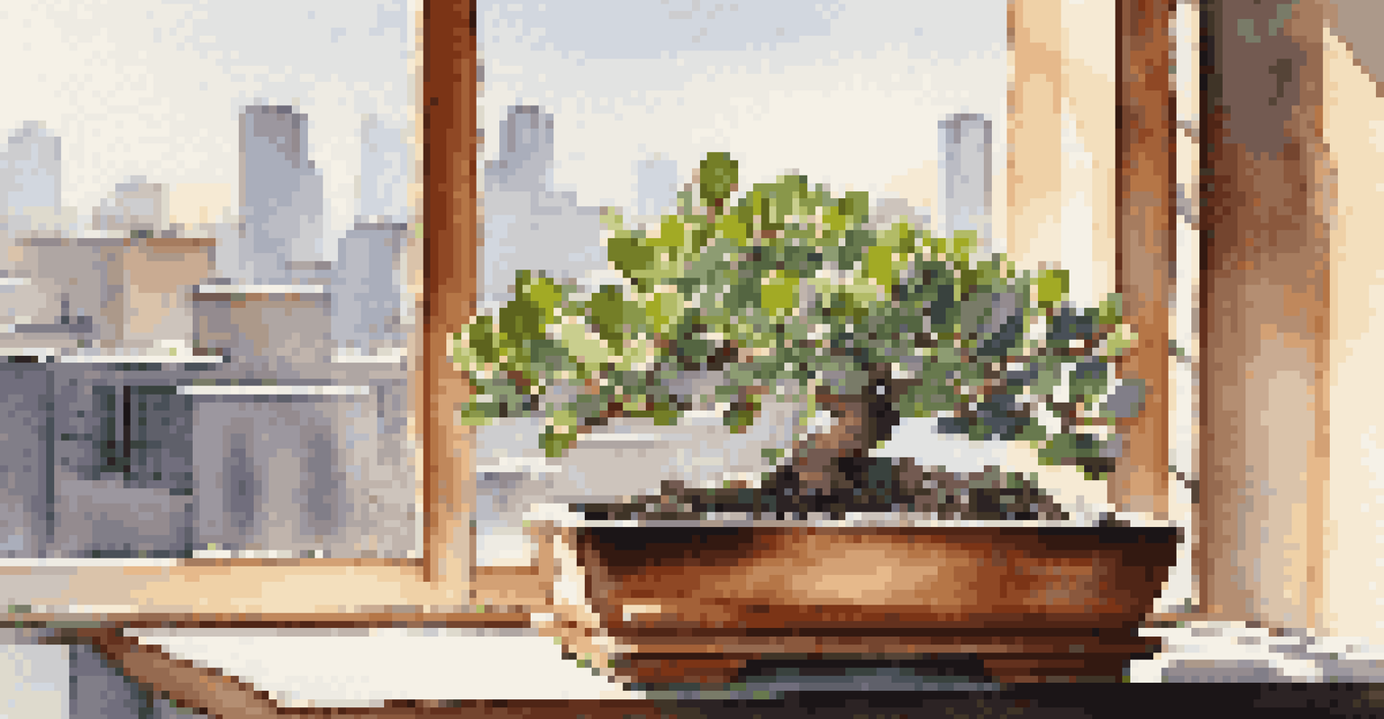 A close-up of a jade plant bonsai on a windowsill, with glossy leaves illuminated by sunlight against a blurred cityscape.