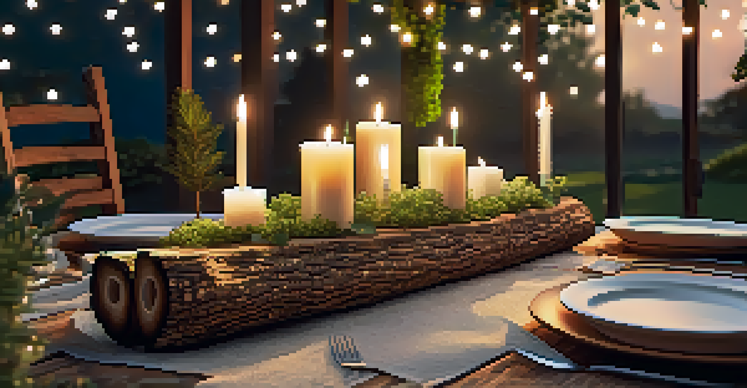 An outdoor dining table with a wooden candle holder made from a log, decorated with candles and fairy lights in soft evening light.