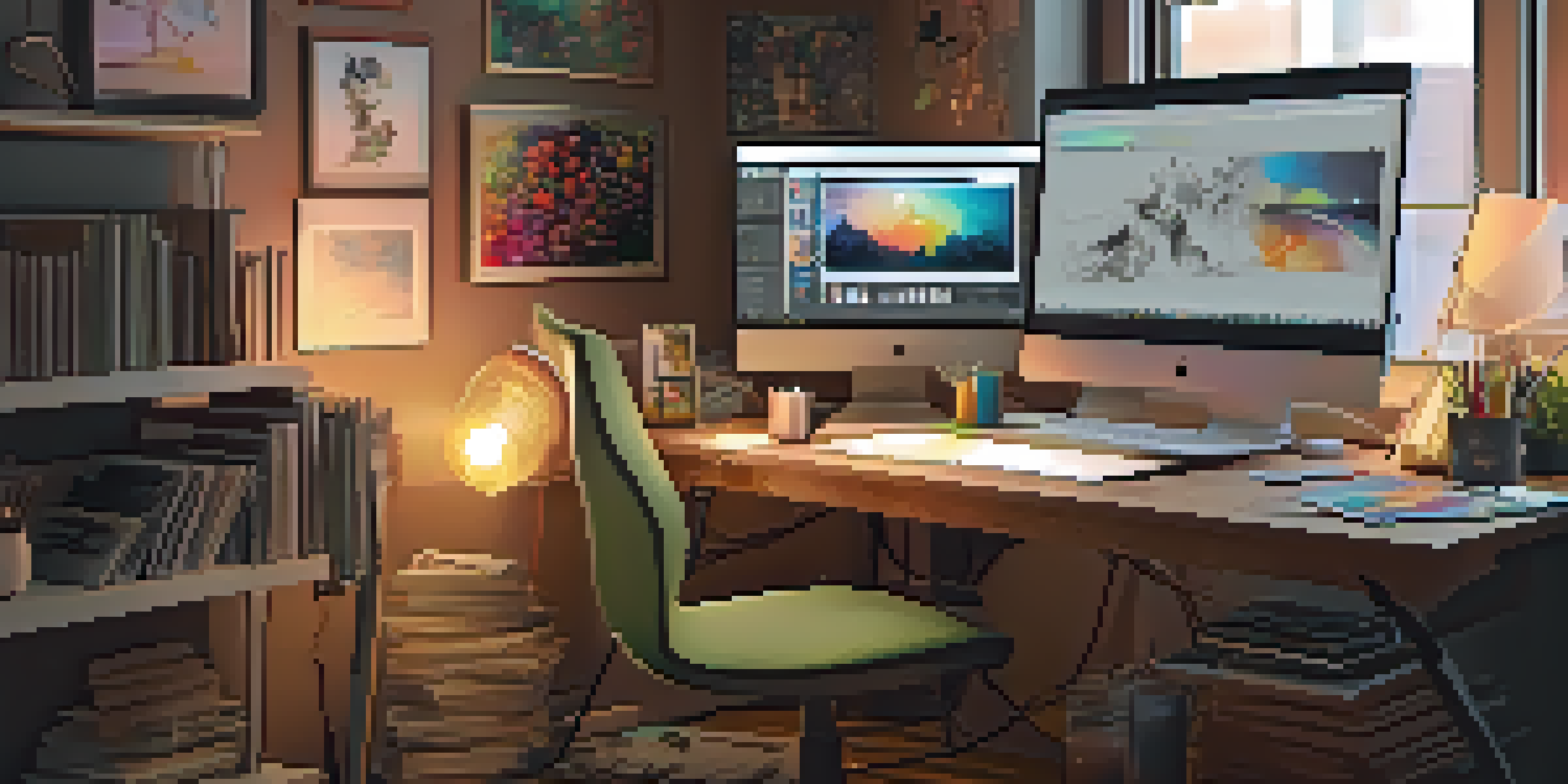 A cozy artist's workspace with a monitor showing digital art and a graphics tablet, illuminated by warm lighting.